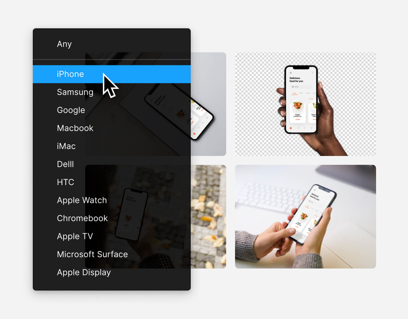 Search and filter device mockups
