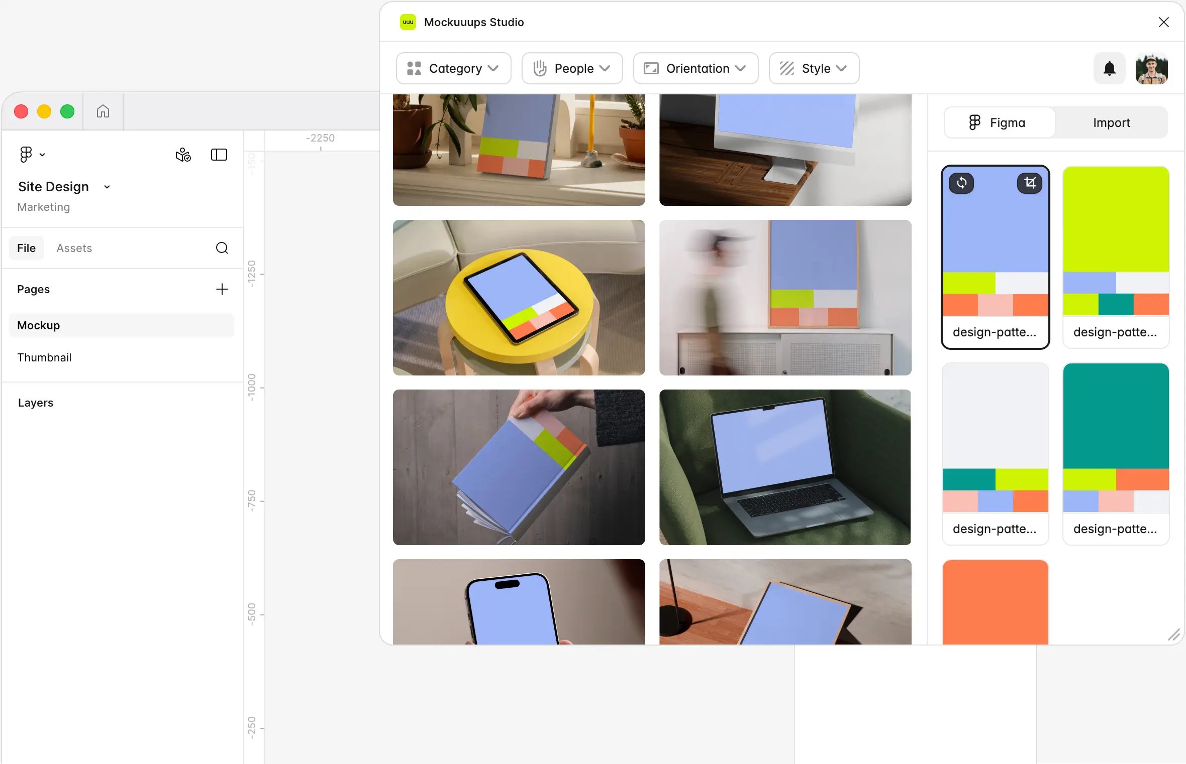 Mockuuups Studio plugin open inside Figma showing device and print mockup library