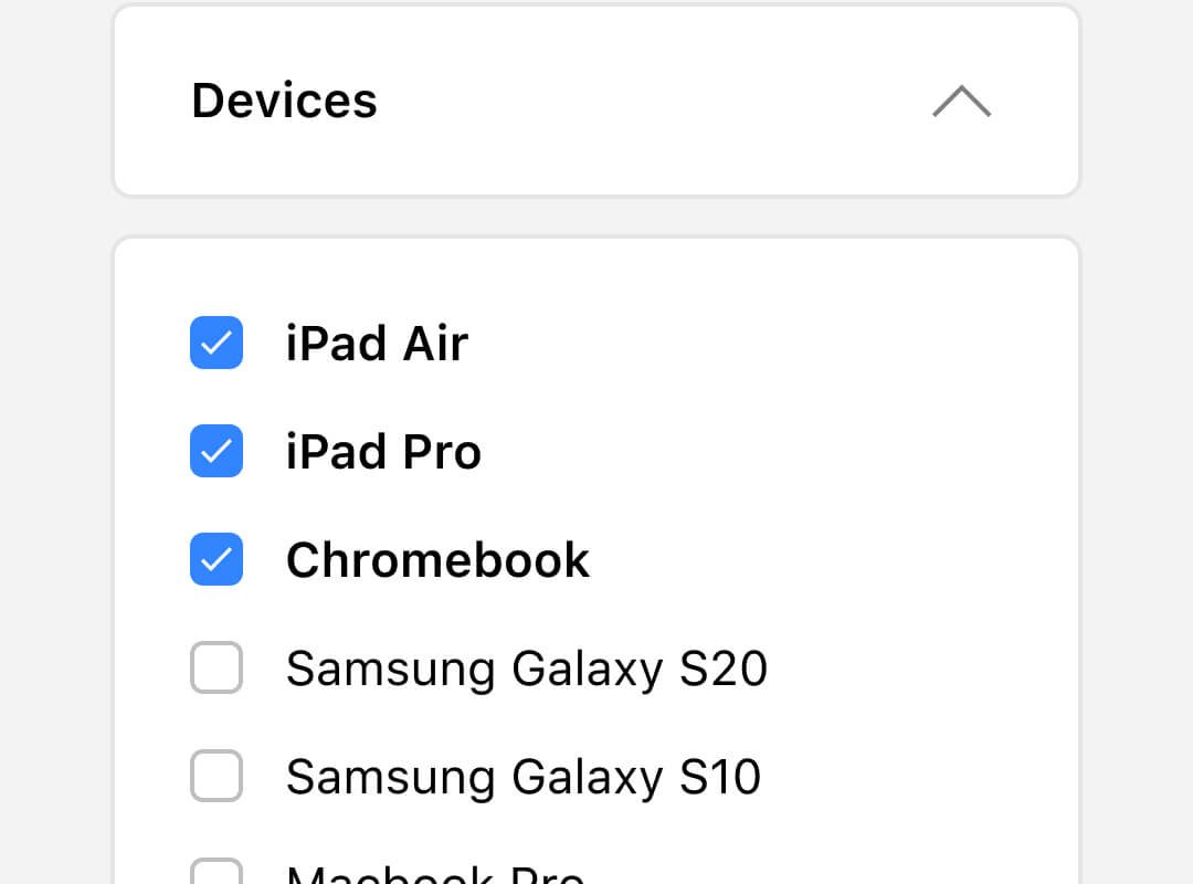Search and filter device mockups